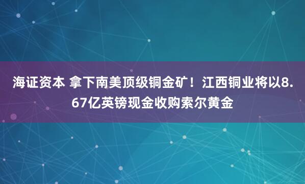 海证资本 拿下南美顶级铜金矿！江西铜业将以8.67亿英镑现金收购索尔黄金